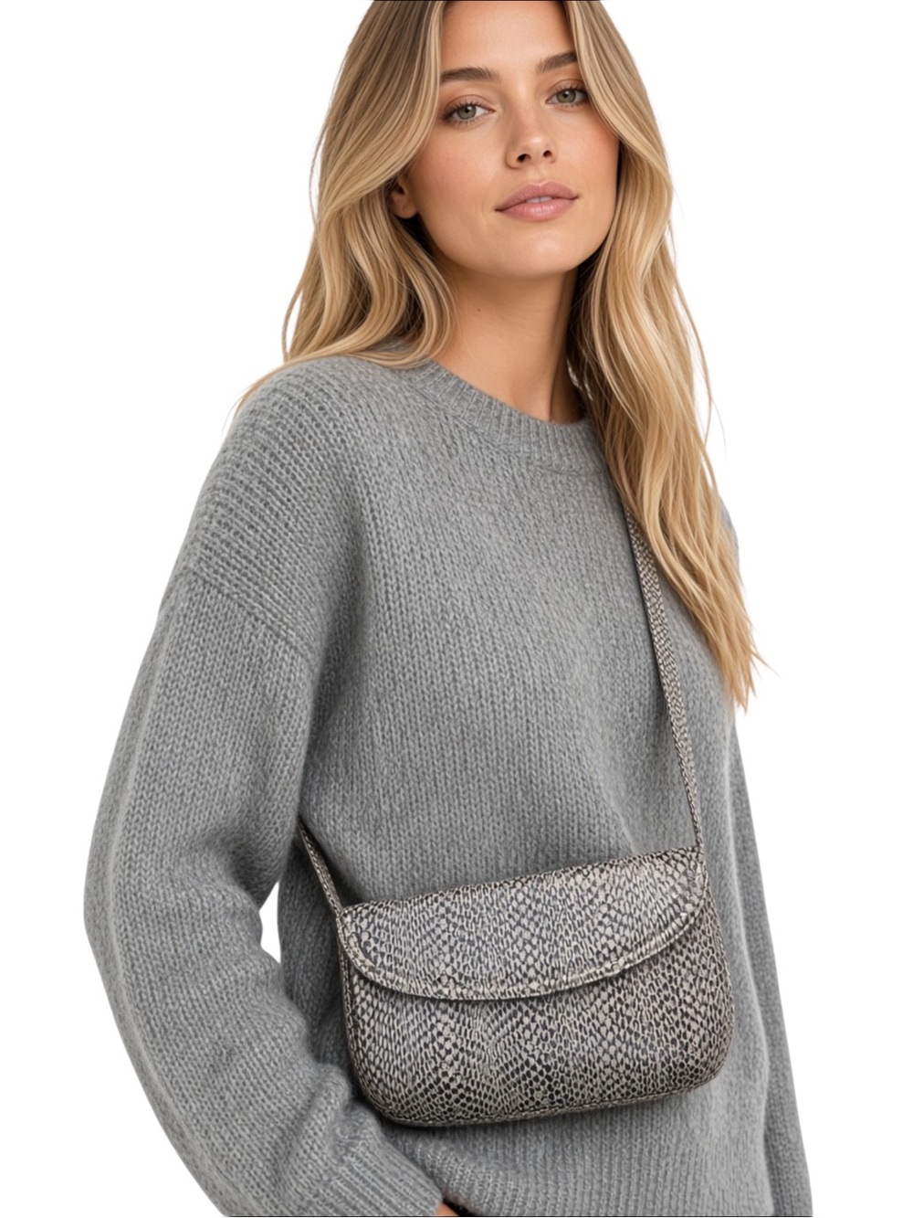 Gray and Cream Snake Print Patterned Crossbody Shoulder Bag